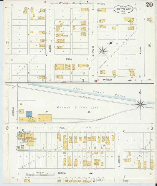 Sanborn Fire Insurance Map from Sault Sainte Marie, Chippewa County, Michigan (1906), Sheet #0020 - Historic Sanborn Fire Insurance Map Print, vintage old map wall art, antique decor, genealogy gift, Michigan Michigan map