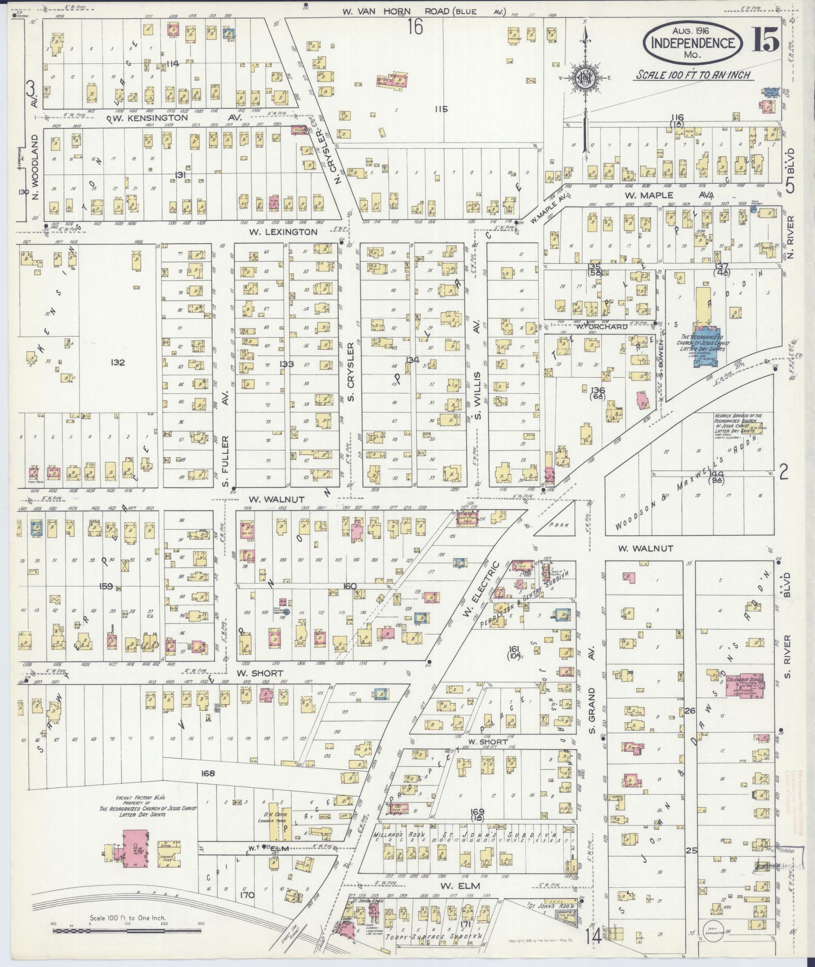 Sanborn Fire Insurance Map from Independence, Jackson County, Missouri (1916), Sheet #0015 - Historic Sanborn Fire Insurance Map Print, vintage old map wall art, antique decor, genealogy gift, Missouri Missouri map