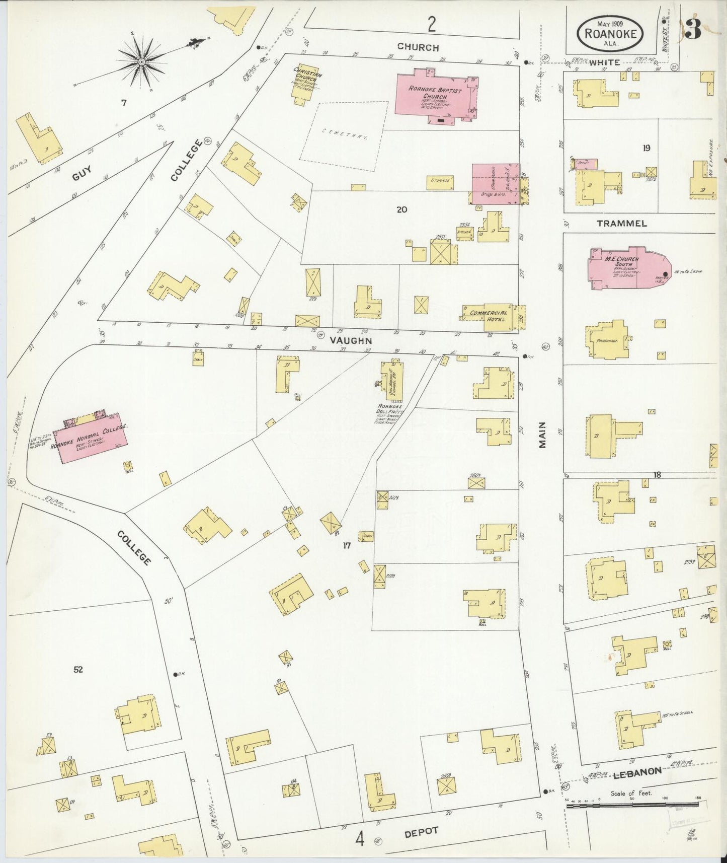 Sanborn Fire Insurance Map from Roanoke, Randolph County, Alabama (1909), Sheet #0003 - Complete Map Set gallery image, historic Sanborn map, vintage wall art, Alabama Alabama