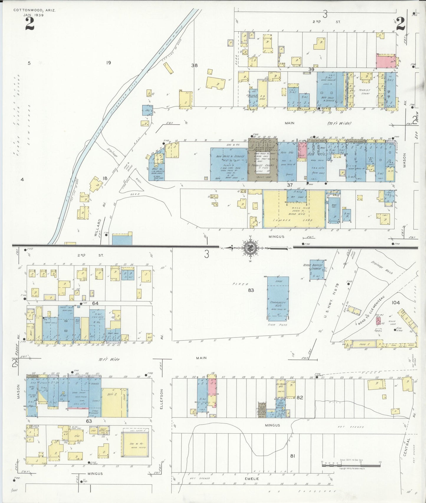 Sanborn Fire Insurance Map from Cottonwood, Yavapai County, Arizona (1939), Sheet #0002 - Complete Map Set gallery image, historic Sanborn map, vintage wall art, Arizona Arizona
