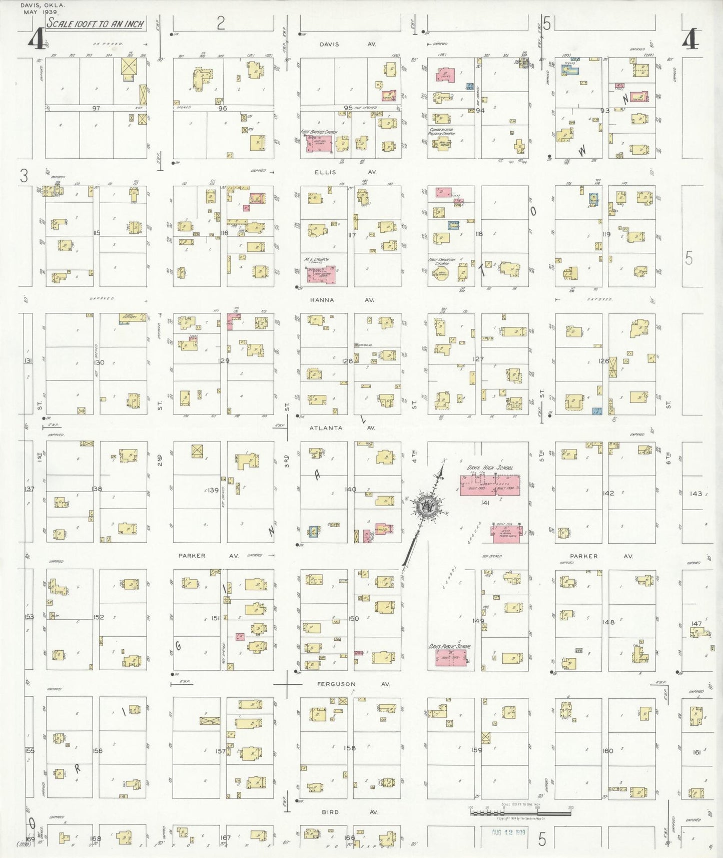 Sanborn Fire Insurance Map from Davis, Murray County, Oklahoma (1939), Sheet #0004 - Historic Sanborn Fire Insurance Map Print, vintage old map wall art, antique decor, genealogy gift, Oklahoma Oklahoma map