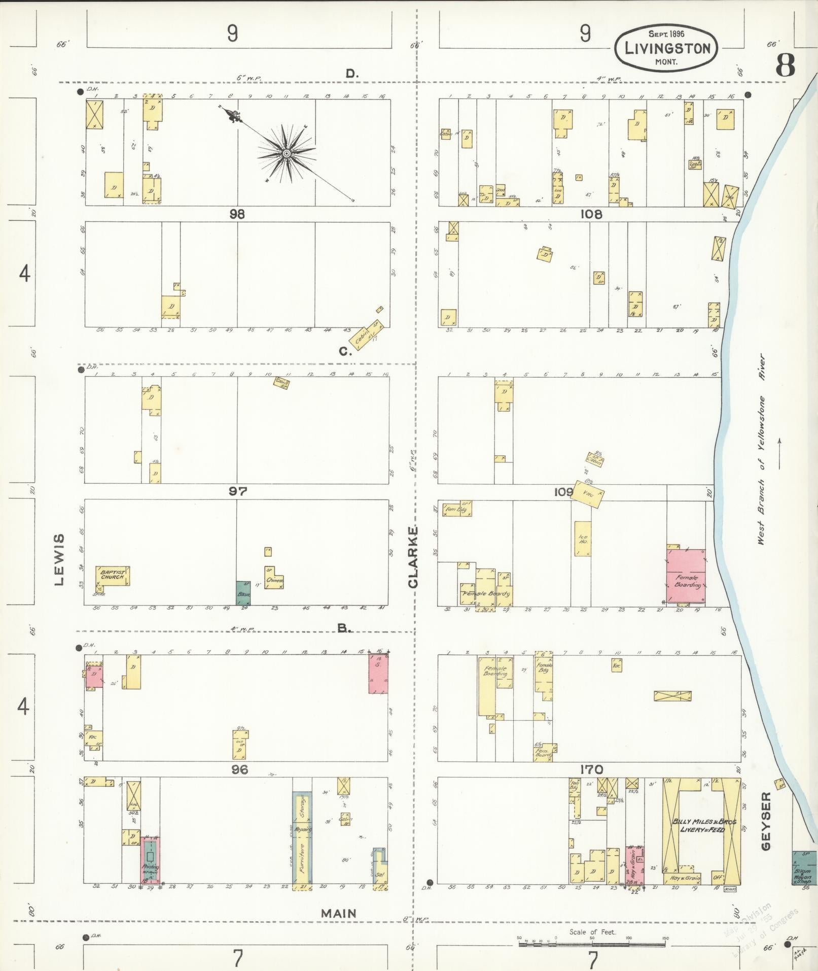 Sanborn Fire Insurance Map from Livingston, Park County, Montana (1896), Sheet #0008 - Historic Sanborn Fire Insurance Map Print, vintage old map wall art, antique decor, genealogy gift, Montana Montana map