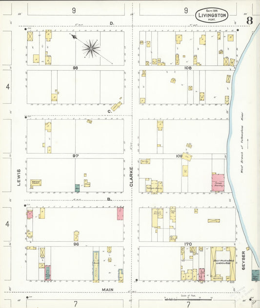 Sanborn Fire Insurance Map from Livingston, Park County, Montana (1896), Sheet #0008 - Historic Sanborn Fire Insurance Map Print, vintage old map wall art, antique decor, genealogy gift, Montana Montana map
