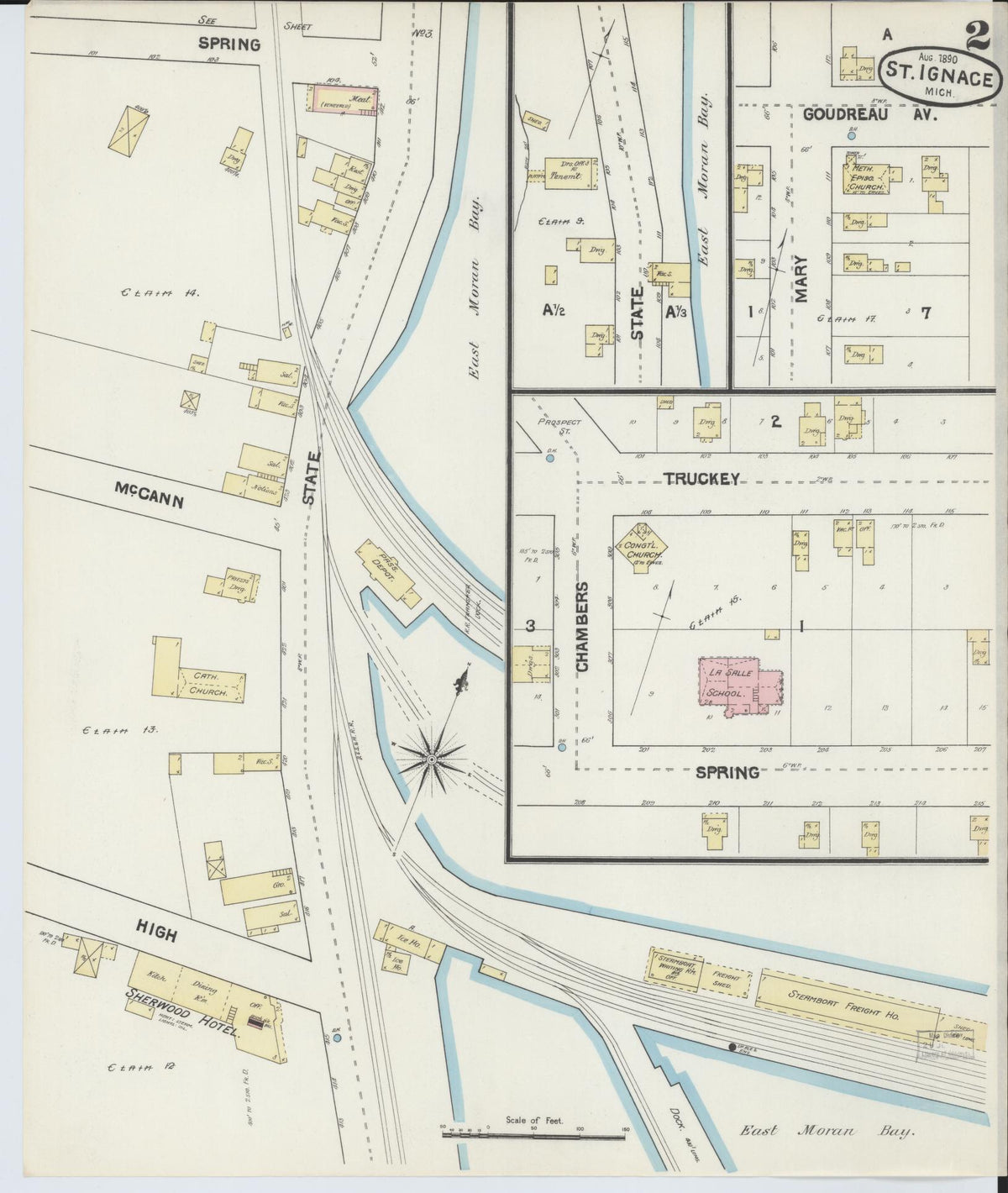 Sanborn Fire Insurance Map from Saint Ignace, Mackinac County, Michigan (1890), Sheet #0002 - Historic Sanborn Fire Insurance Map Print, vintage old map wall art, antique decor, genealogy gift, Michigan Michigan map