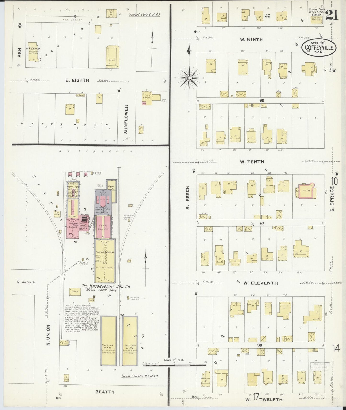 Sanborn Fire Insurance Map from Coffeyville, Montgomery County, Kansas (1908), Sheet #0021 - Complete Map Set gallery image, historic Sanborn map, vintage wall art, Kansas Kansas