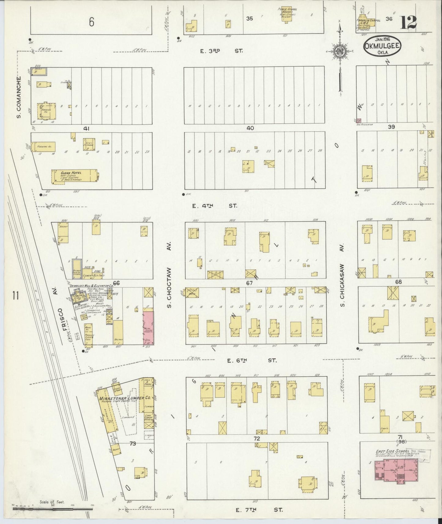 Sanborn Fire Insurance Map from Okmulgee, Okmulgee County, Oklahoma (1916), Sheet #0012 - Complete Map Set gallery image, historic Sanborn map, vintage wall art, Oklahoma Oklahoma