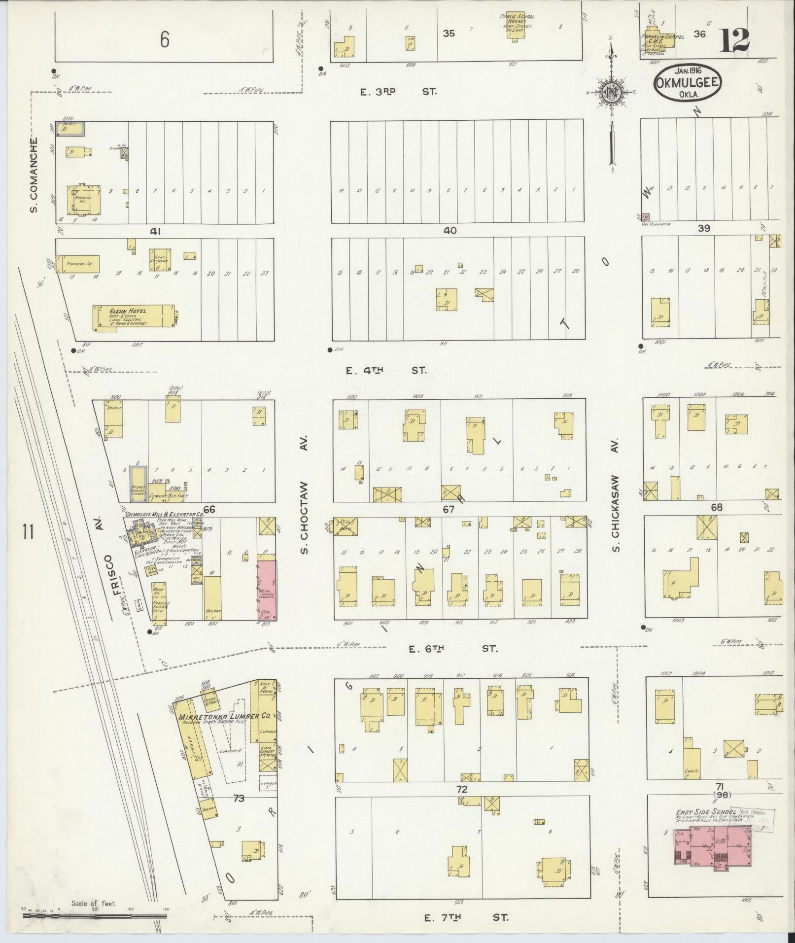 Sanborn Fire Insurance Map from Okmulgee, Okmulgee County, Oklahoma (1916), Sheet #0012 - Complete Map Set gallery image, historic Sanborn map, vintage wall art, Oklahoma Oklahoma