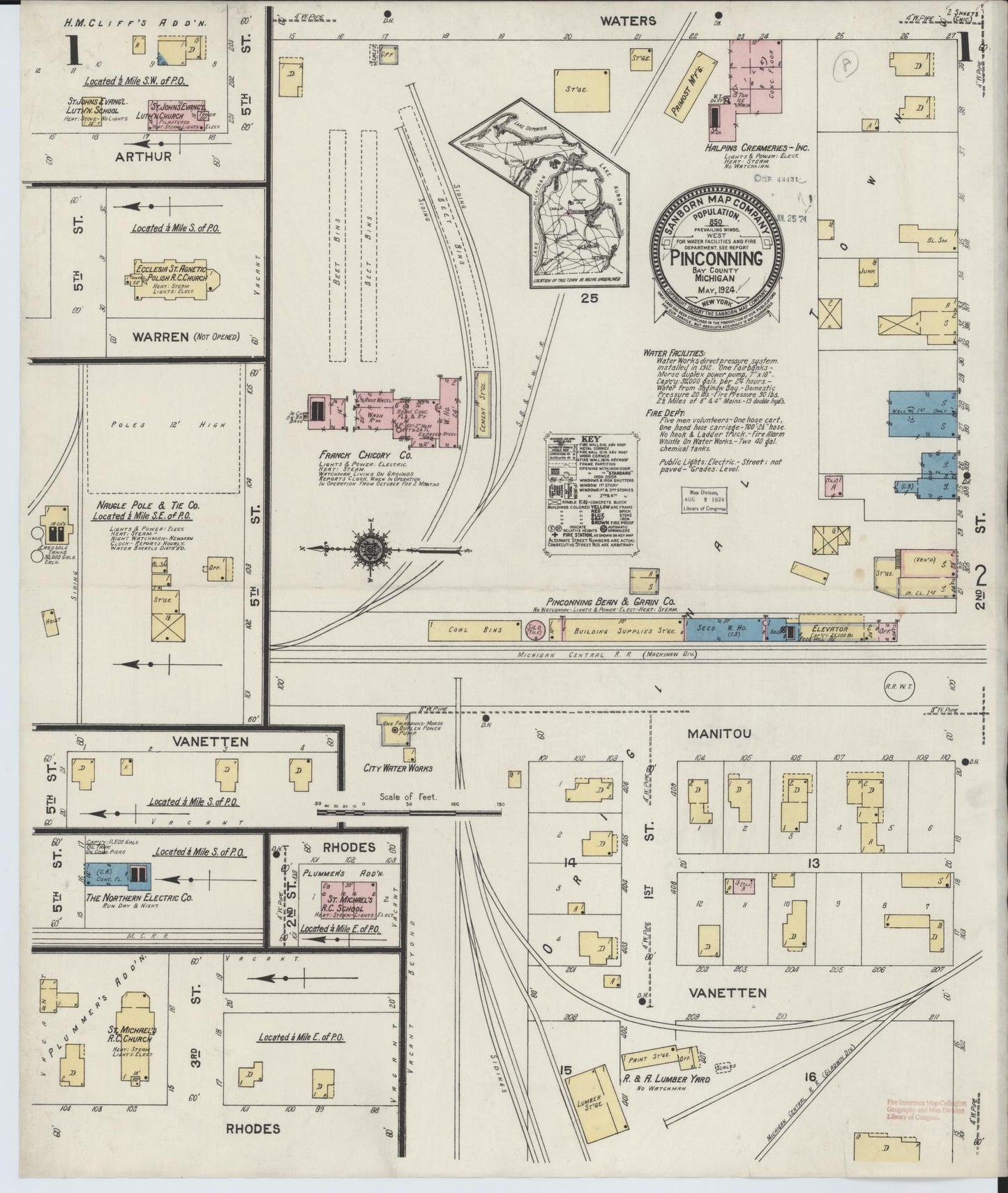 Sanborn Fire Insurance Map from Pinconning, Bay County, Michigan (1924), Sheet #0001 - Historic Sanborn Fire Insurance Map Print, vintage old map wall art, antique decor, genealogy gift, Michigan Michigan map