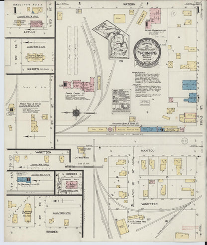 Sanborn Fire Insurance Map from Pinconning, Bay County, Michigan (1924), Sheet #0001 - Historic Sanborn Fire Insurance Map Print, vintage old map wall art, antique decor, genealogy gift, Michigan Michigan map