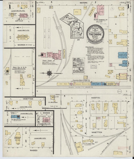 Sanborn Fire Insurance Map from Pinconning, Bay County, Michigan (1924), Sheet #0001 - Historic Sanborn Fire Insurance Map Print, vintage old map wall art, antique decor, genealogy gift, Michigan Michigan map
