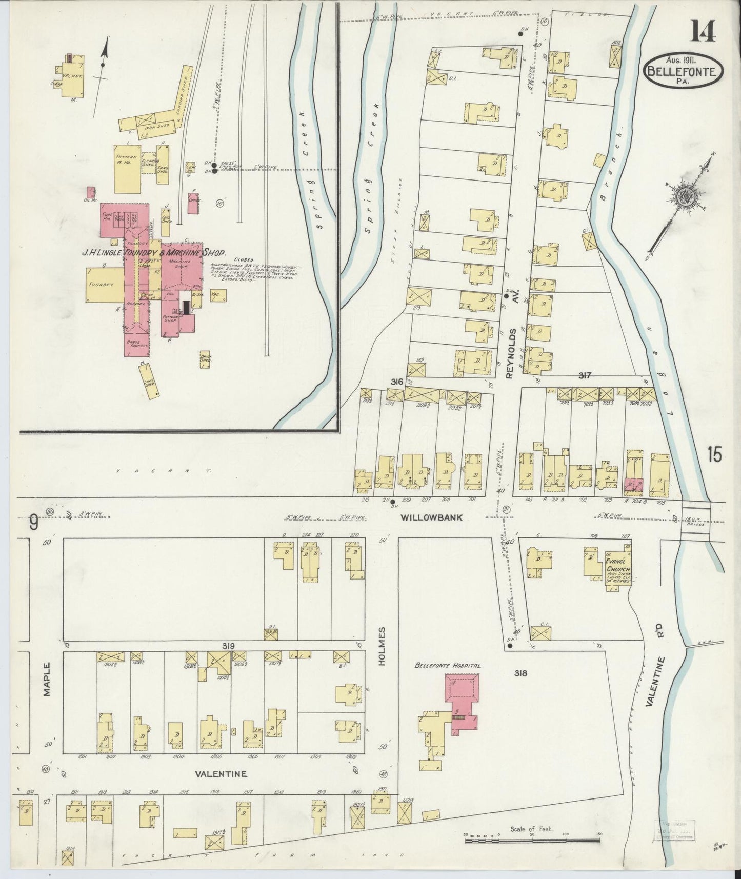 Sanborn Fire Insurance Map from Bellefonte, Centre County, Pennsylvania (1911), Sheet #0014 - Historic Sanborn Fire Insurance Map Print, vintage old map wall art, antique decor, genealogy gift, Pennsylvania Pennsylvania map