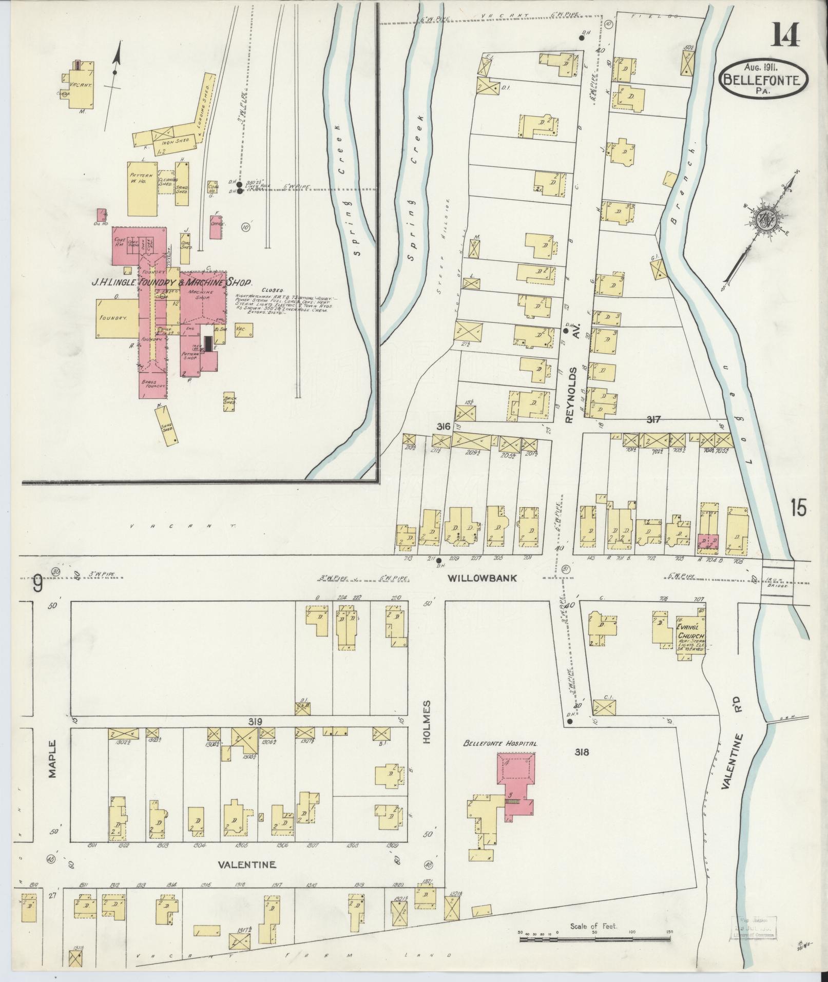 Sanborn Fire Insurance Map from Bellefonte, Centre County, Pennsylvania (1911), Sheet #0014 - Historic Sanborn Fire Insurance Map Print, vintage old map wall art, antique decor, genealogy gift, Pennsylvania Pennsylvania map