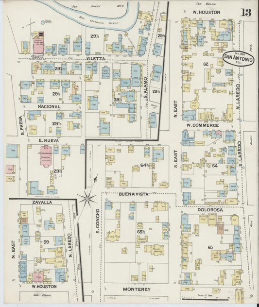 Sanborn Fire Insurance Map from San Antonio, Bexar County, Texas (1888), Sheet #0013 - Historic Sanborn Fire Insurance Map Print, vintage old map wall art, antique decor, genealogy gift, Texas Texas map