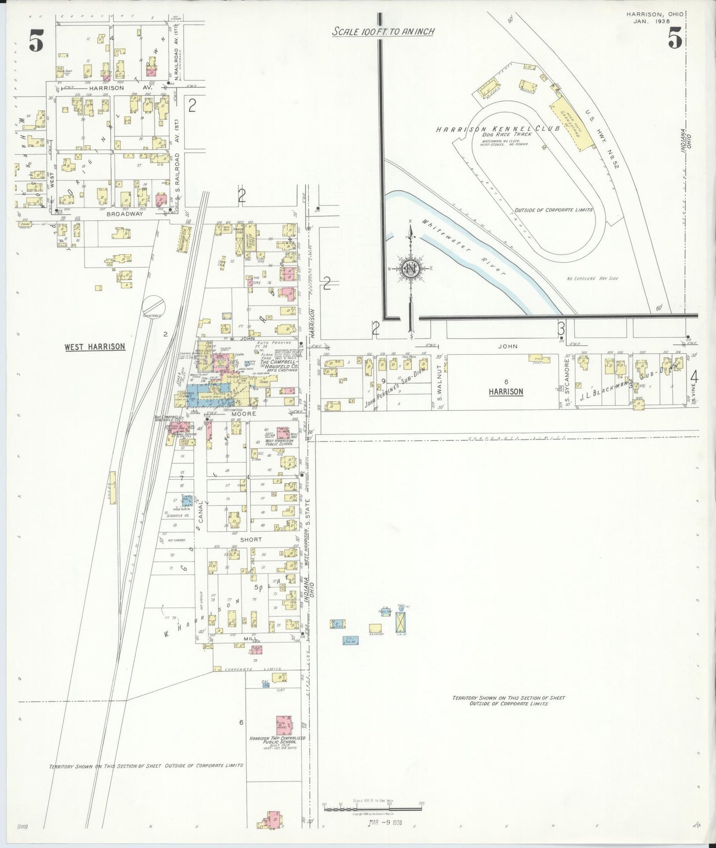 Sanborn Fire Insurance Map from Harrison, Hamilton County, Ohio (1938), Sheet #0005 - Complete Map Set gallery image, historic Sanborn map, vintage wall art, Indiana Indiana