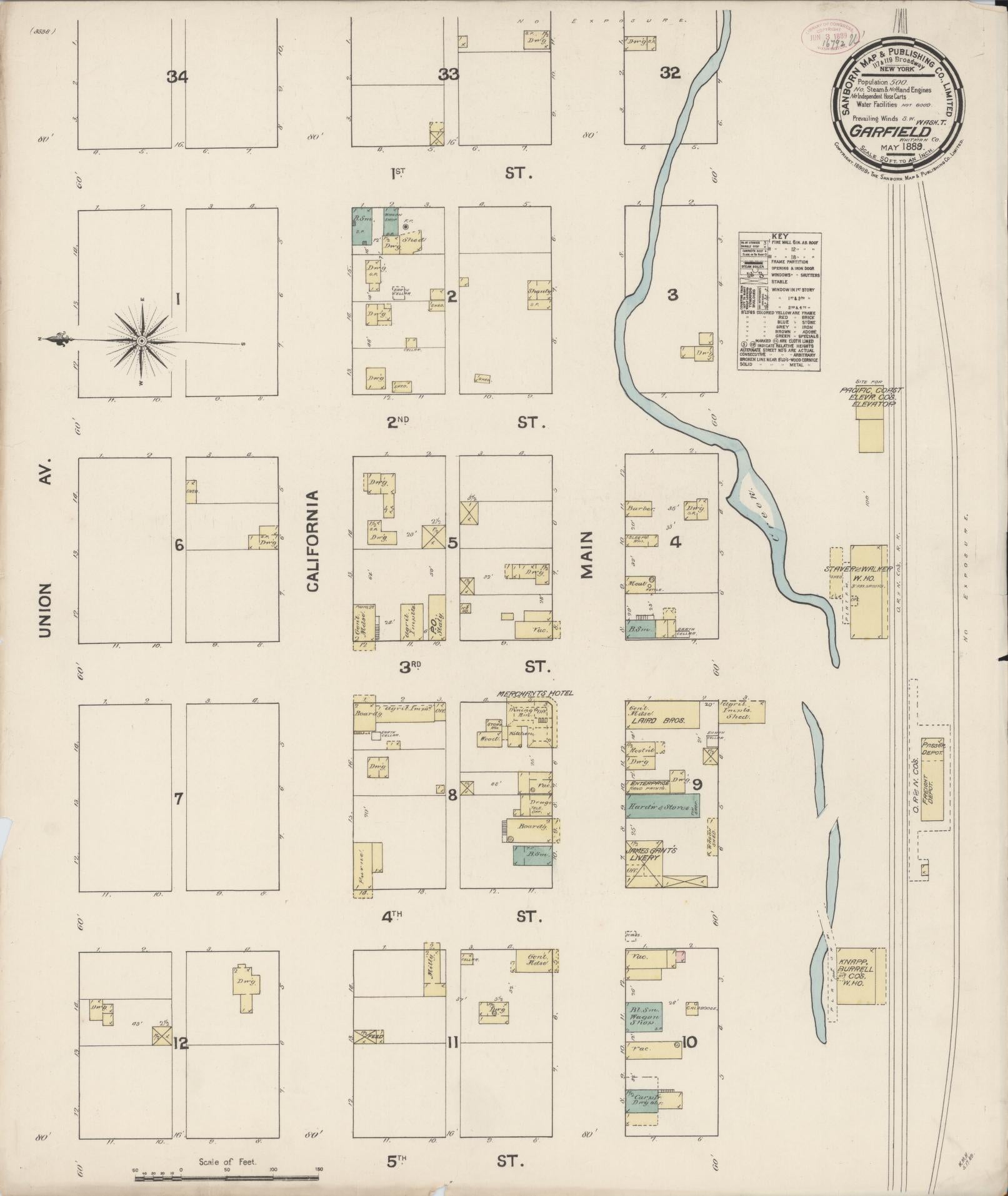 Sanborn Fire Insurance Map from Garfield, Whitman County, Washington (1889), Sheet #0001 - Historic Sanborn Fire Insurance Map Print, vintage old map wall art, antique decor, genealogy gift, Washington Washington map