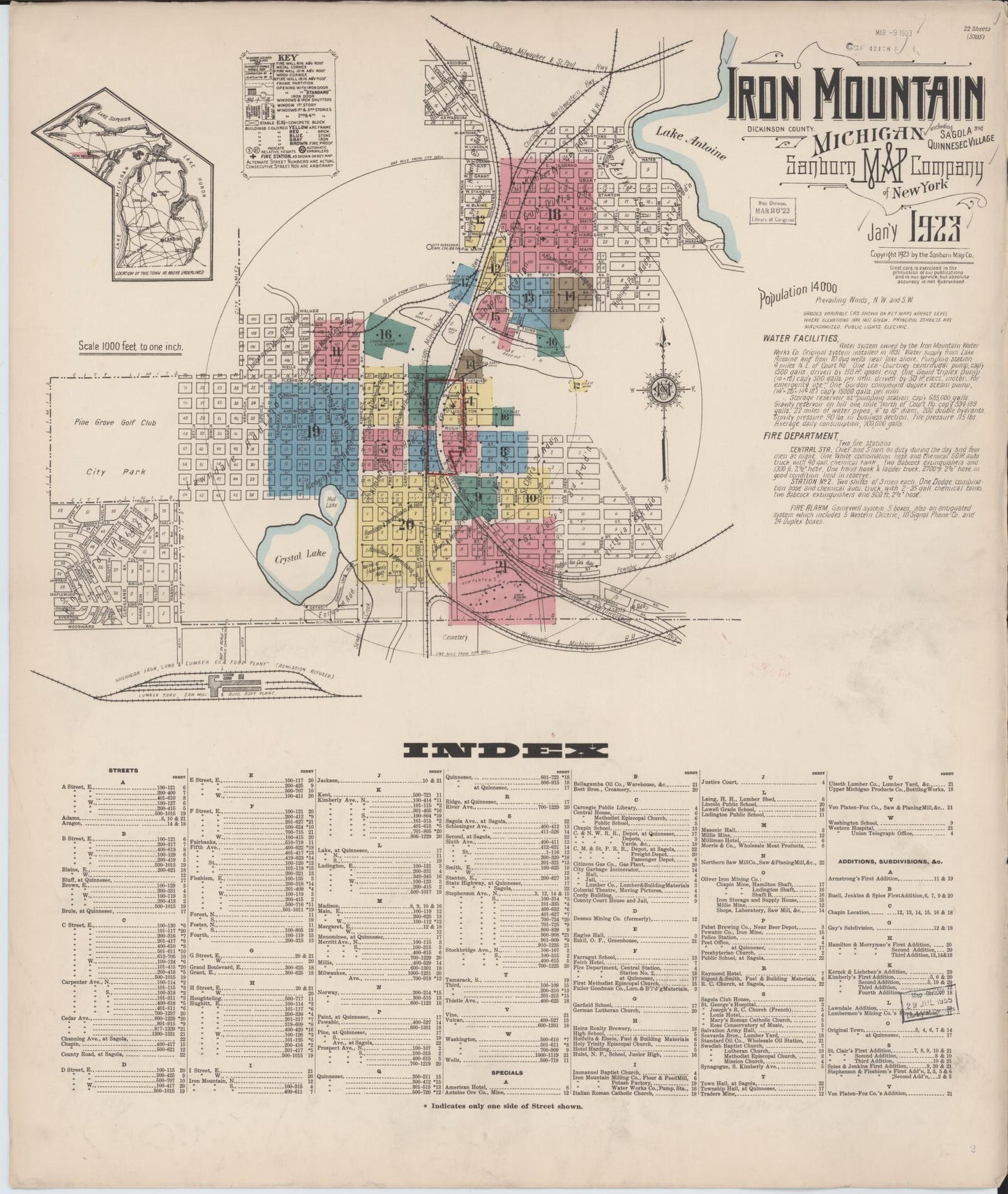 Sanborn Fire Insurance Map from Iron Mountain, Dickinson County, Michigan (1923), Sheet #0001 - Historic Sanborn Fire Insurance Map Print, vintage old map wall art, antique decor, genealogy gift, Michigan Michigan map