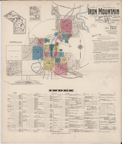 Sanborn Fire Insurance Map from Iron Mountain, Dickinson County, Michigan (1923), Sheet #0001 - Historic Sanborn Fire Insurance Map Print, vintage old map wall art, antique decor, genealogy gift, Michigan Michigan map