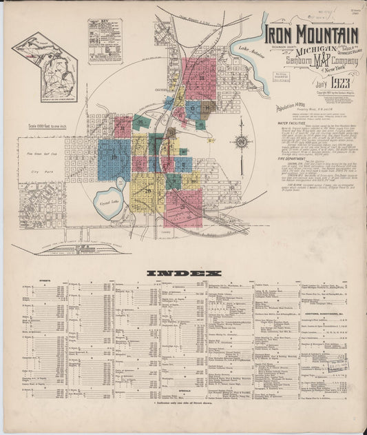 Sanborn Fire Insurance Map from Iron Mountain, Dickinson County, Michigan (1923), Sheet #0001 - Historic Sanborn Fire Insurance Map Print, vintage old map wall art, antique decor, genealogy gift, Michigan Michigan map