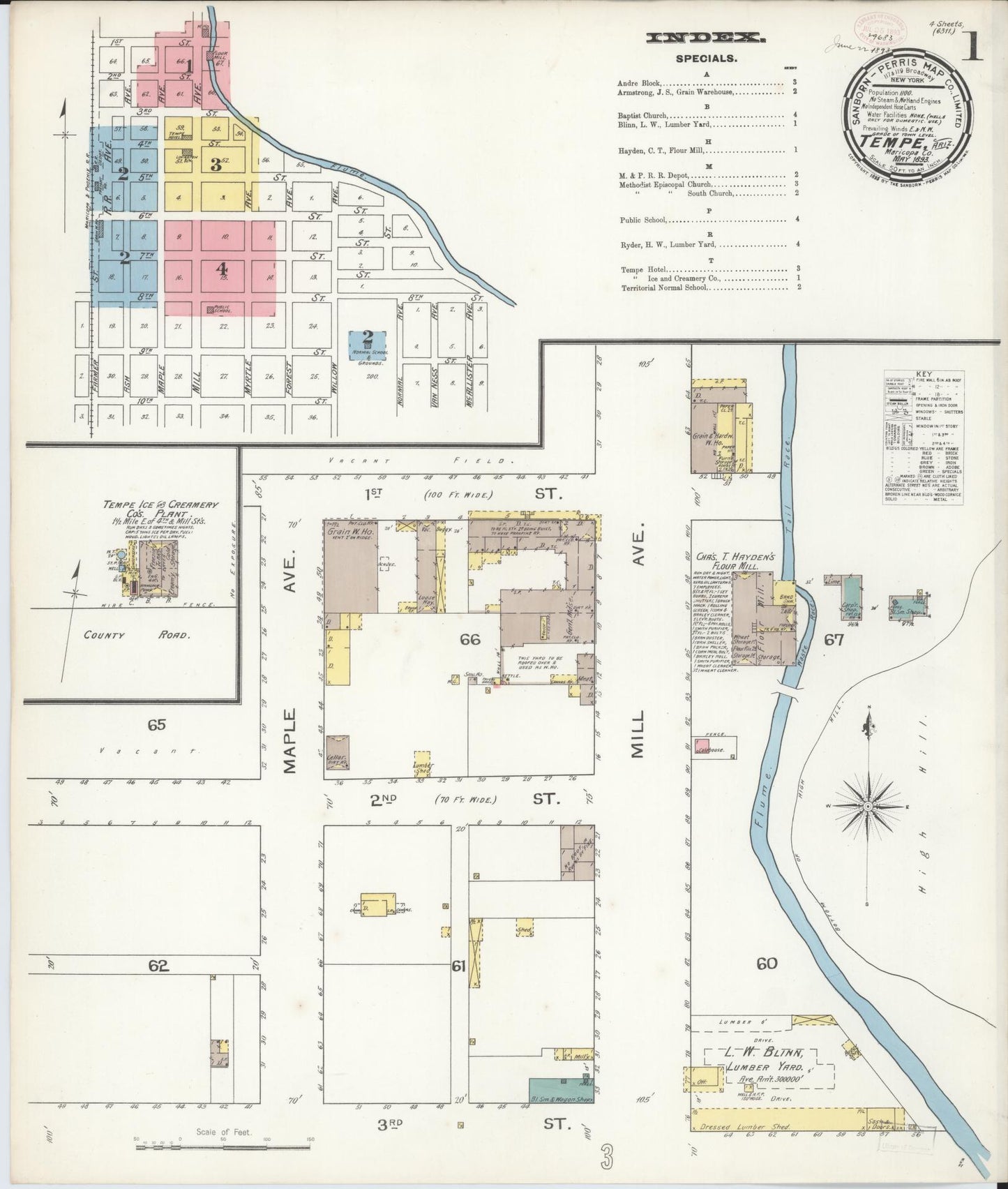 Sanborn Fire Insurance Map from Tempe, Maricopa County, Arizona (1893), Sheet #0001 - Historic Sanborn Fire Insurance Map Print, vintage old map wall art, antique decor, genealogy gift, Arizona Arizona map