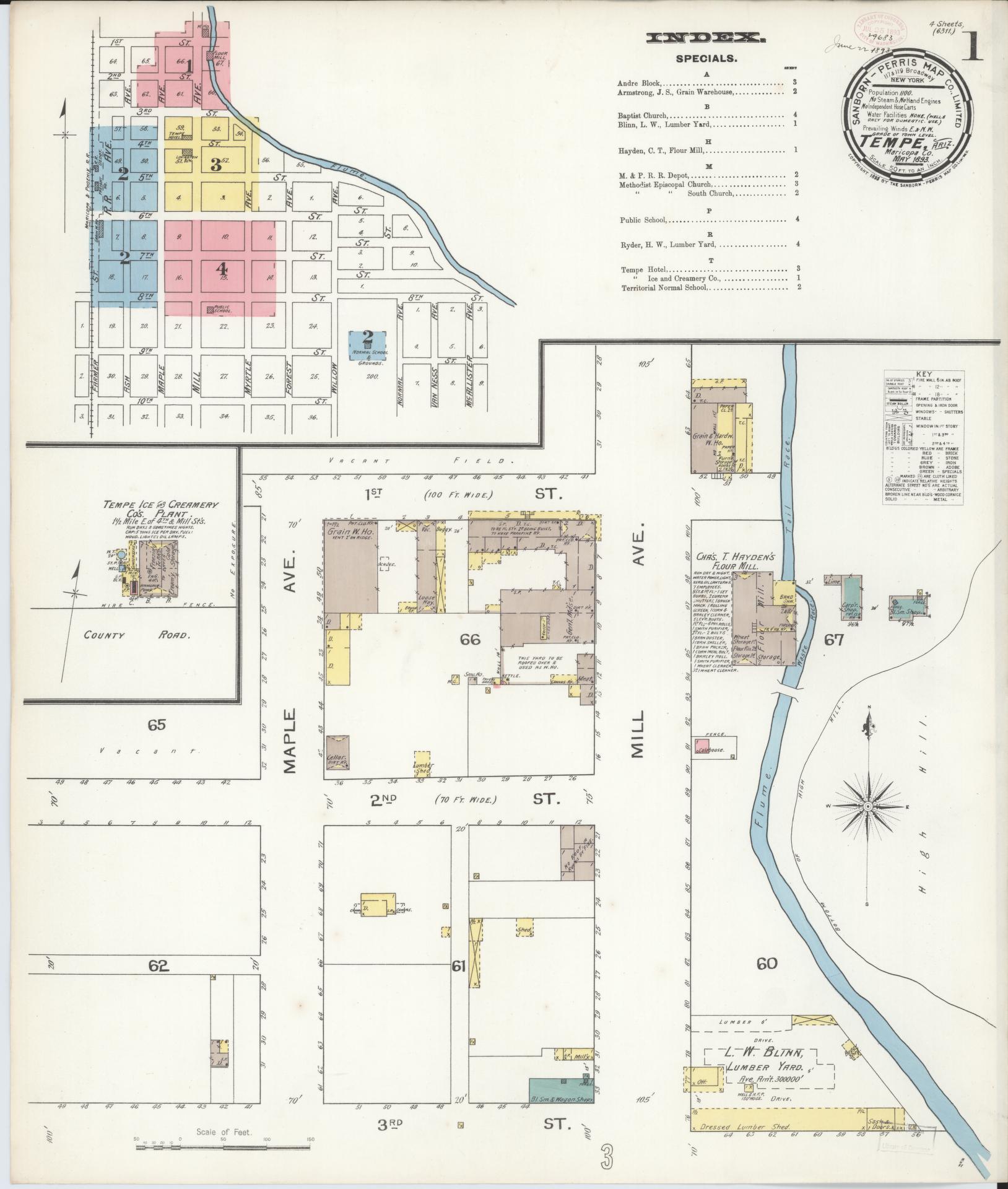 Sanborn Fire Insurance Map from Tempe, Maricopa County, Arizona (1893), Sheet #0001 - Historic Sanborn Fire Insurance Map Print, vintage old map wall art, antique decor, genealogy gift, Arizona Arizona map