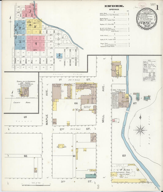 Sanborn Fire Insurance Map from Tempe, Maricopa County, Arizona (1893), Sheet #0001 - Historic Sanborn Fire Insurance Map Print, vintage old map wall art, antique decor, genealogy gift, Arizona Arizona map