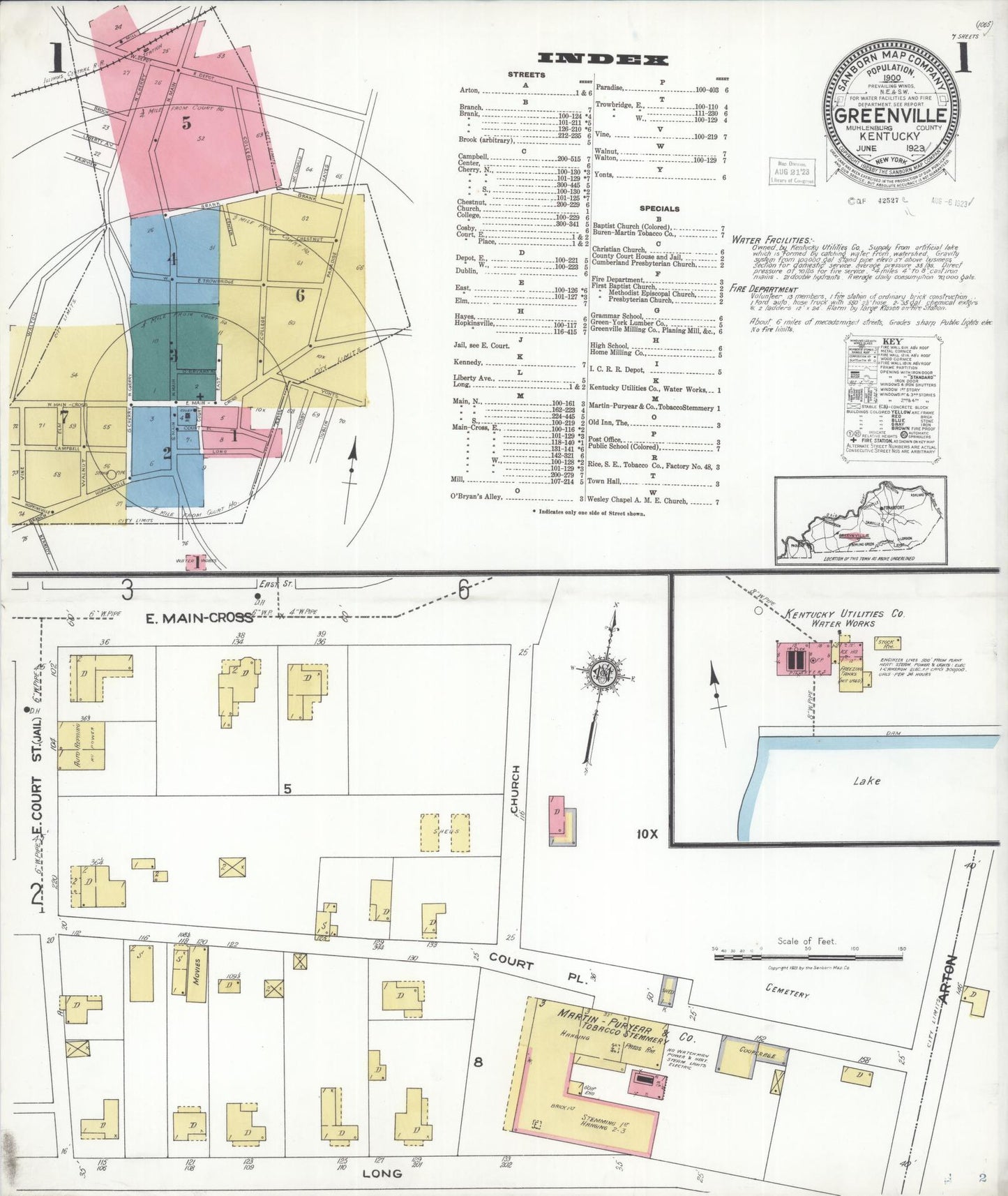 Sanborn Fire Insurance Map from Greenville, Muhlenberg County, Kentucky (1923), Sheet #0001 - Complete Map Set gallery image, historic Sanborn map, vintage wall art, Kentucky Kentucky