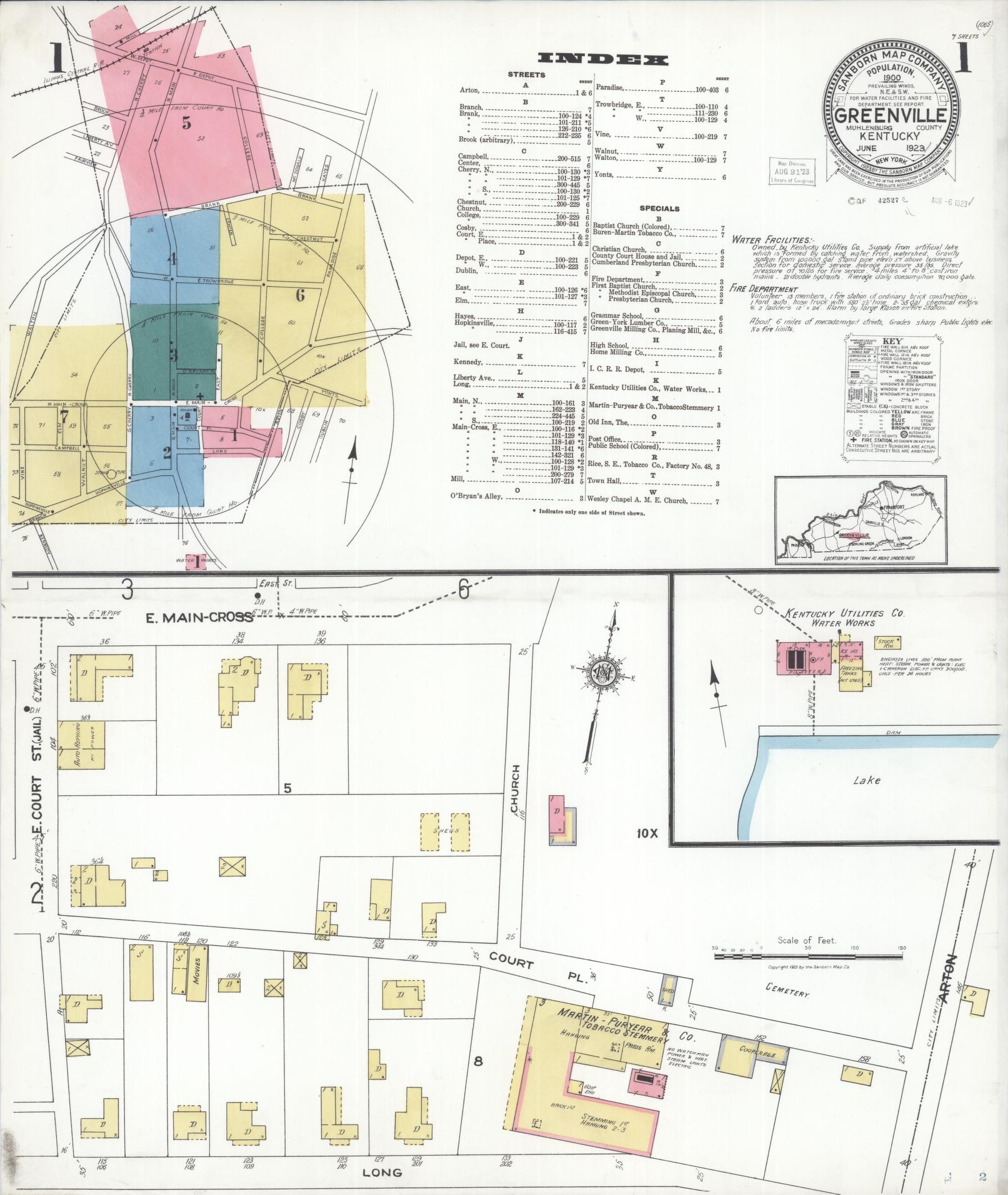 Sanborn Fire Insurance Map from Greenville, Muhlenberg County, Kentucky (1923), Sheet #0001 - Complete Map Set gallery image, historic Sanborn map, vintage wall art, Kentucky Kentucky