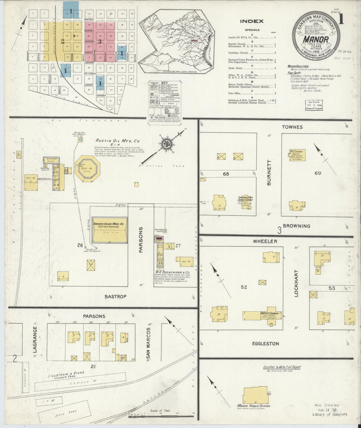 Sanborn Fire Insurance Map from Manor, Travis County, Texas (1916), Sheet #0001 - Complete Map Set gallery image, historic Sanborn map, vintage wall art, Texas Texas