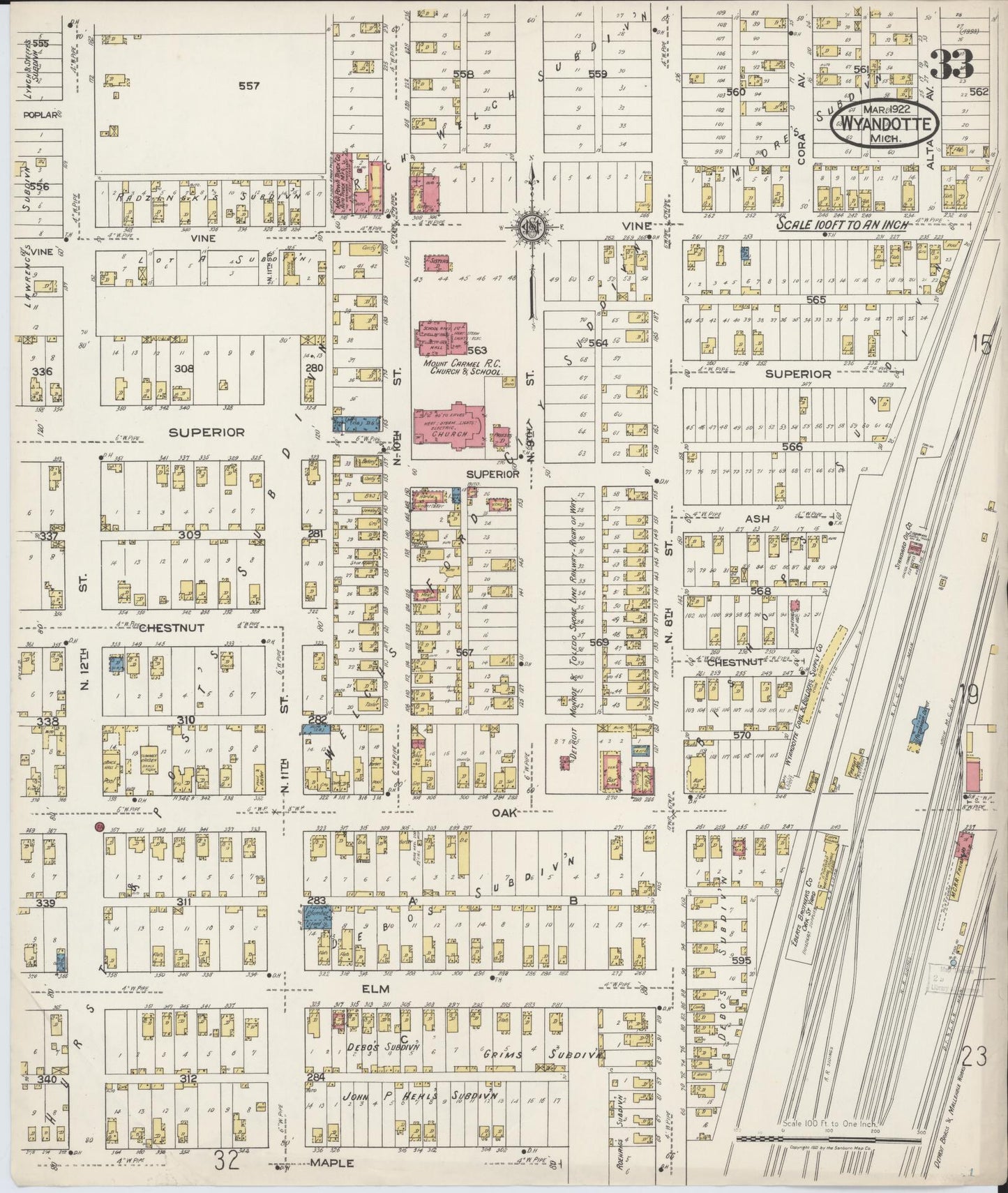 Sanborn Fire Insurance Map from Wyandotte, Wayne County, Michigan (1922), Sheet #0033 - Historic Sanborn Fire Insurance Map Print, vintage old map wall art, antique decor, genealogy gift, Michigan Michigan map