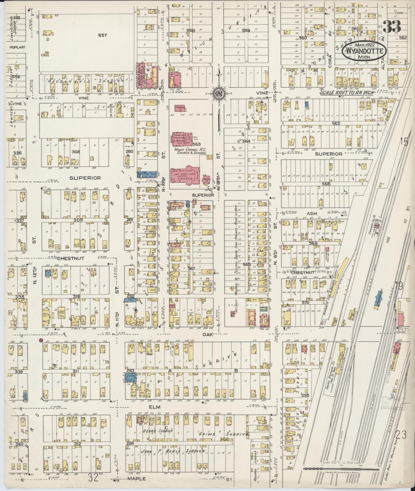 Sanborn Fire Insurance Map from Wyandotte, Wayne County, Michigan (1922), Sheet #0033 - Historic Sanborn Fire Insurance Map Print, vintage old map wall art, antique decor, genealogy gift, Michigan Michigan map