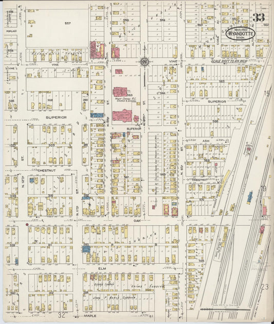 Sanborn Fire Insurance Map from Wyandotte, Wayne County, Michigan (1922), Sheet #0033 - Historic Sanborn Fire Insurance Map Print, vintage old map wall art, antique decor, genealogy gift, Michigan Michigan map