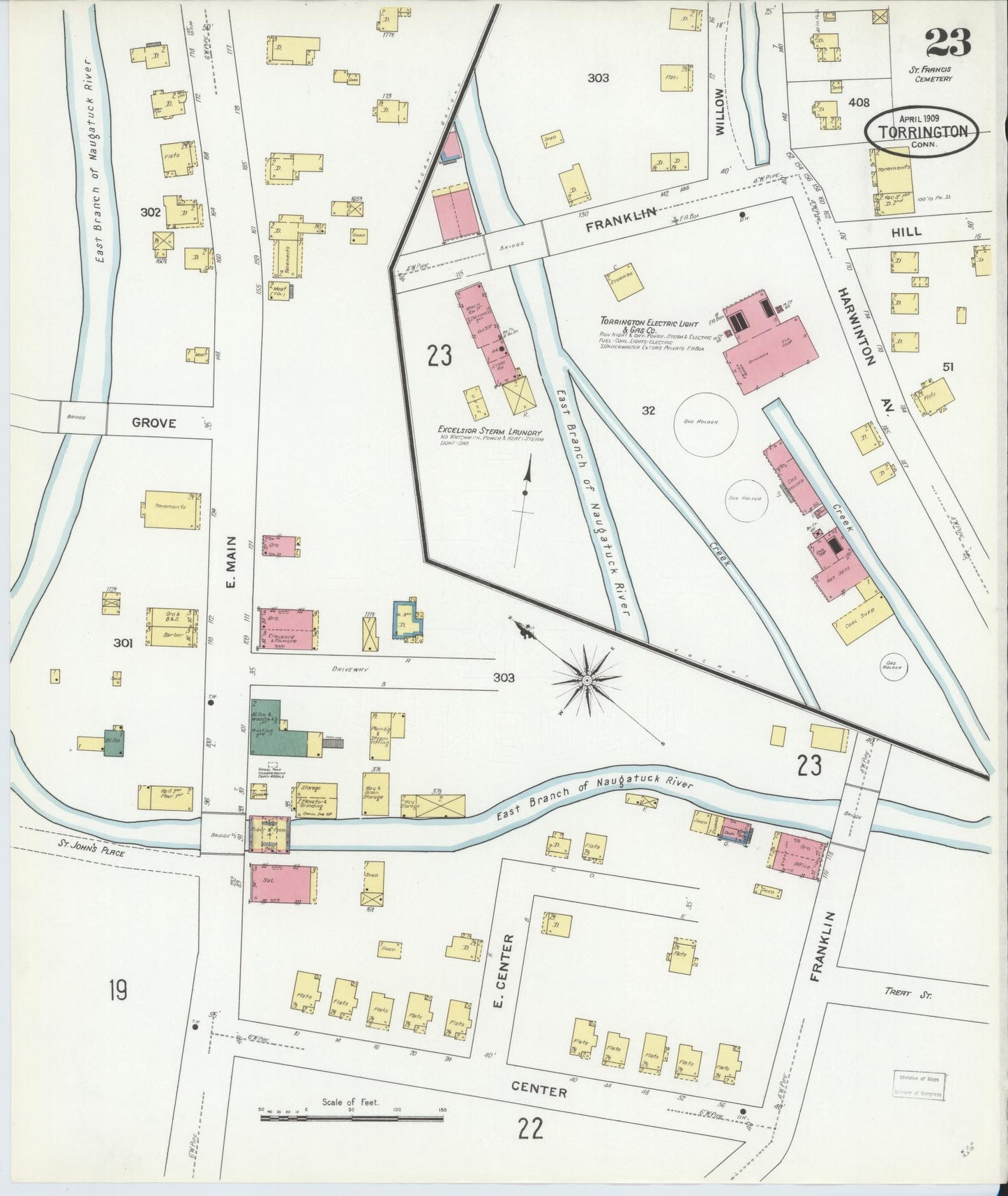 Sanborn Fire Insurance Map from Torrington, Litchfield County, Connecticut (1909), Sheet #0023 - Complete Map Set gallery image, historic Sanborn map, vintage wall art, Connecticut Connecticut