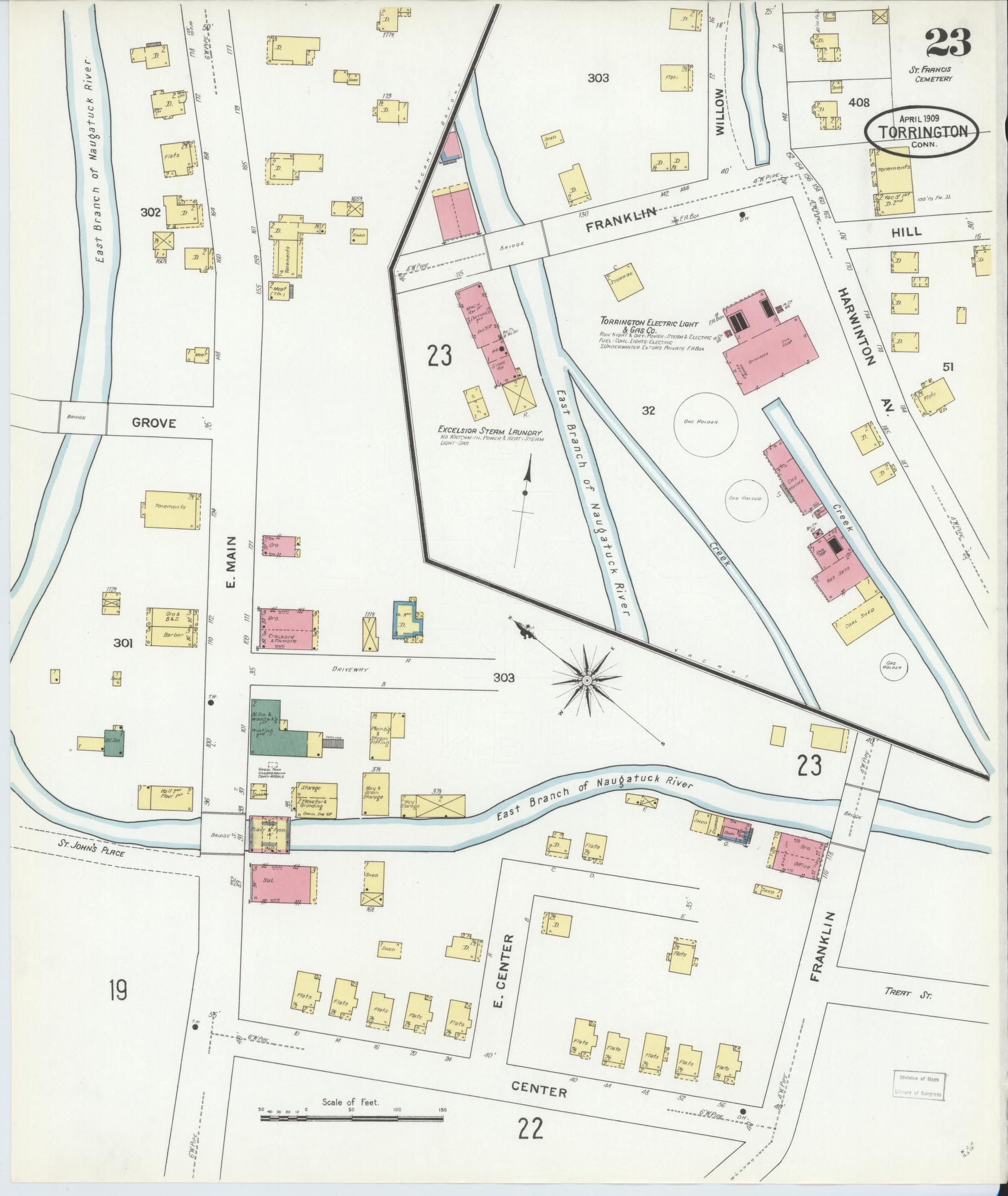 Sanborn Fire Insurance Map from Torrington, Litchfield County, Connecticut (1909), Sheet #0023 - Complete Map Set gallery image, historic Sanborn map, vintage wall art, Connecticut Connecticut