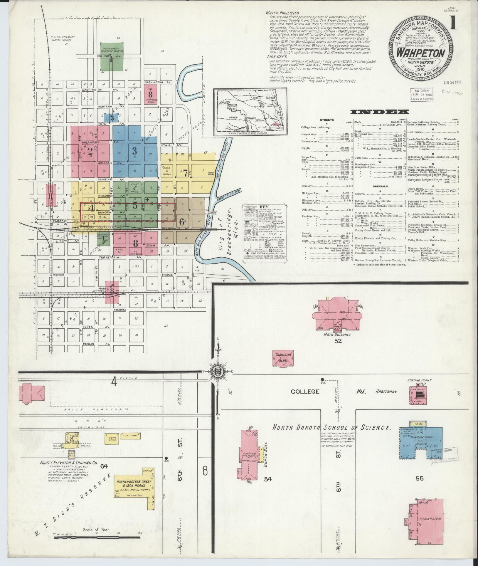 Sanborn Fire Insurance Map from Wahpeton, Richland County, North Dakota (1916), Sheet #0001 - Historic Sanborn Fire Insurance Map Print, vintage old map wall art, antique decor, genealogy gift, North Dakota North Dakota map