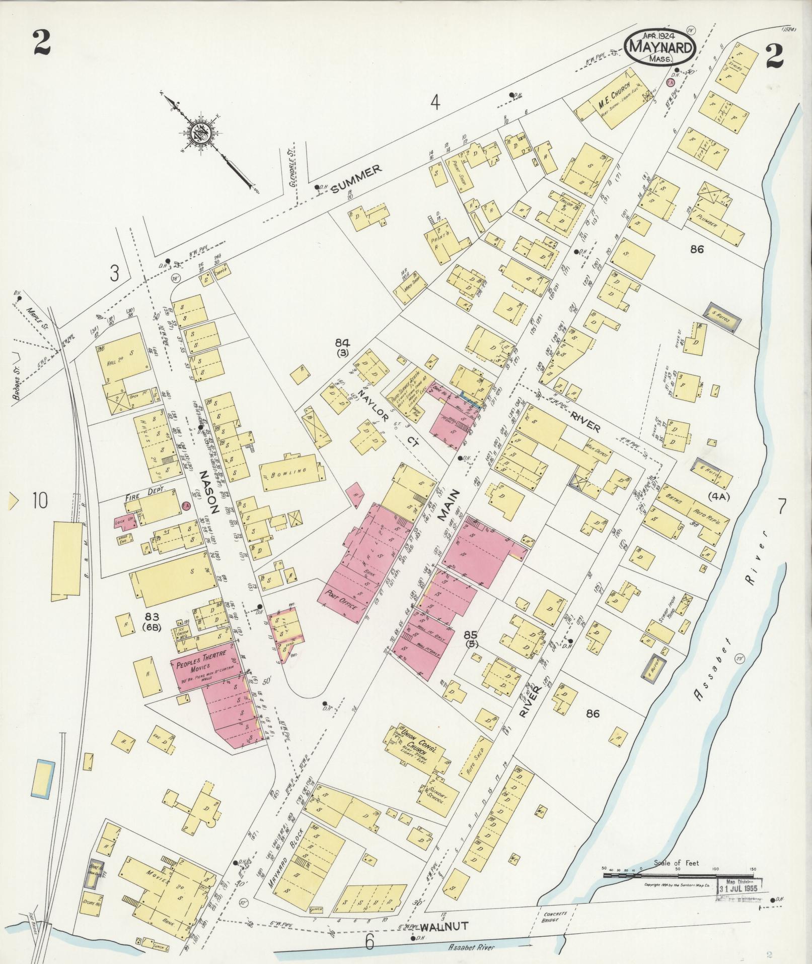 Sanborn Fire Insurance Map from Maynard, Middlesex County, Massachusetts (1924), Sheet #0002 - Historic Sanborn Fire Insurance Map Print, vintage old map wall art, antique decor, genealogy gift, Massachusetts Massachusetts map