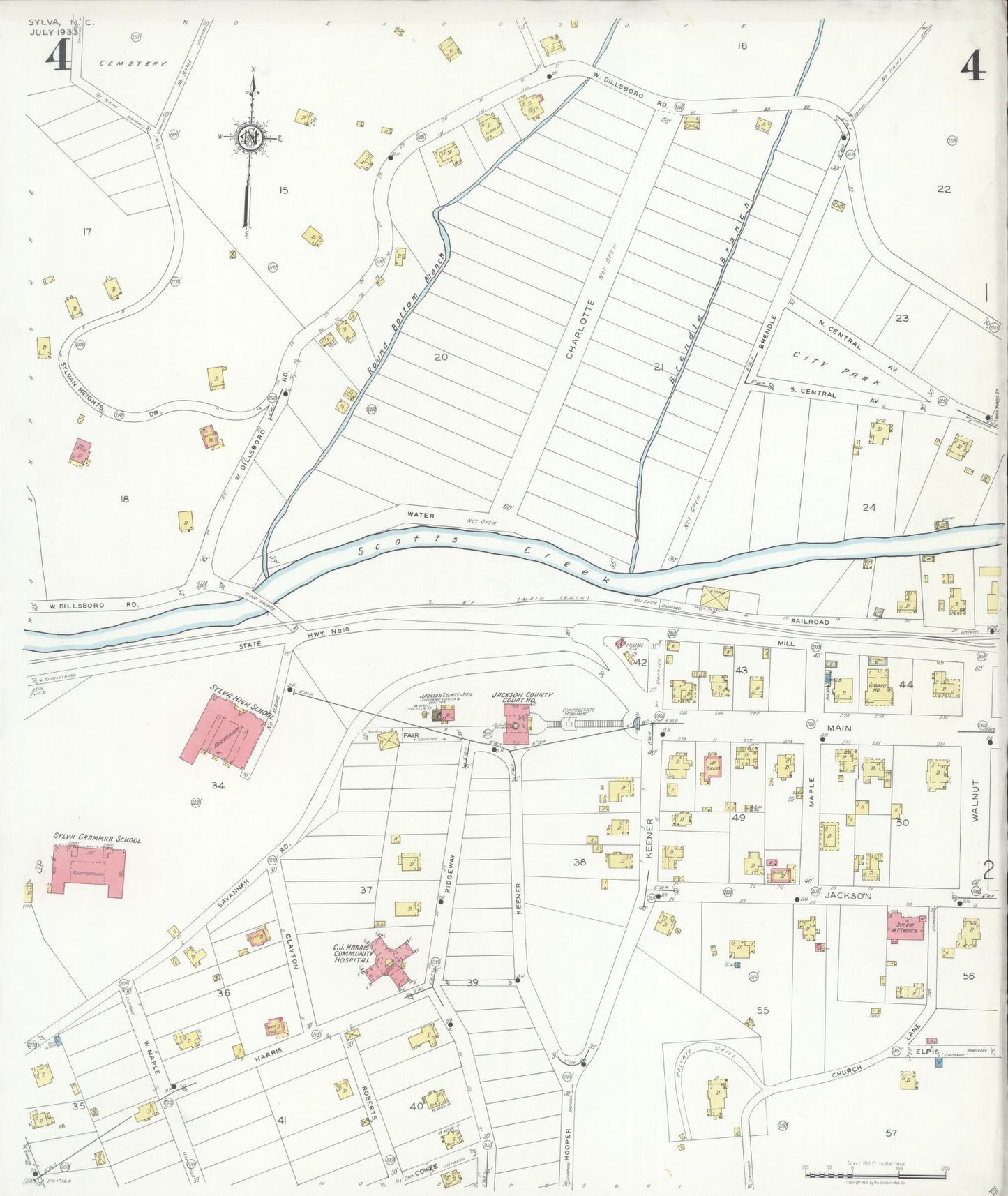Sanborn Fire Insurance Map from Sylva, Jackson County, North Carolina (1933), Sheet #0004 - Complete Map Set gallery image, historic Sanborn map, vintage wall art, North Carolina North Carolina