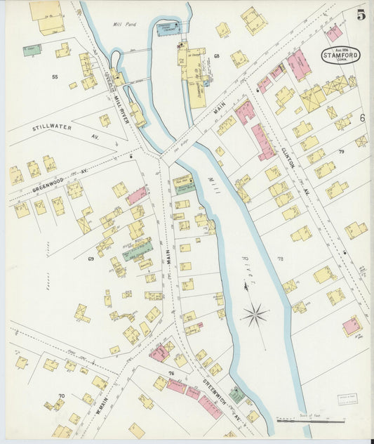 Sanborn Fire Insurance Map from Stamford, Fairfield County, Connecticut (1896), Sheet #0005 - Historic Sanborn Fire Insurance Map Print, vintage old map wall art, antique decor, genealogy gift, Connecticut Connecticut map