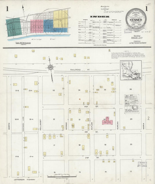 Sanborn Fire Insurance Map from Kenner, Jefferson Parish, Louisiana (1926), Sheet #0001 - Complete Map Set gallery image, historic Sanborn map, vintage wall art, Louisiana Louisiana