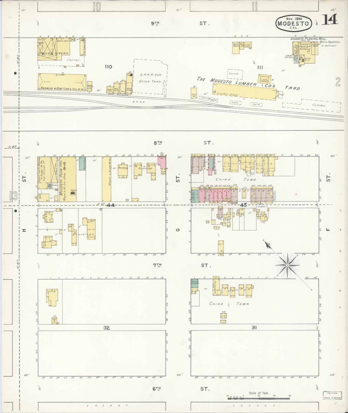 Sanborn Fire Insurance Map from Modesto, Stanislaus County, California (1894), Sheet #0014 - Complete Map Set gallery image, historic Sanborn map, vintage wall art, California California