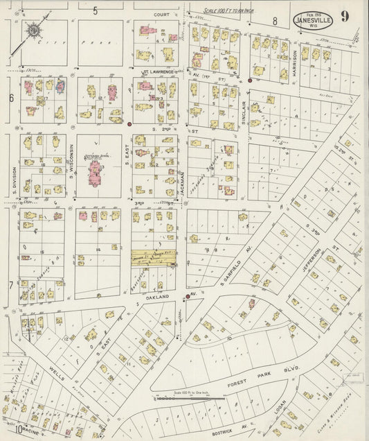 Sanborn Fire Insurance Map from Janesville, Rock County, Wisconsin (1915), Sheet #0009 - Historic Sanborn Fire Insurance Map Print, vintage old map wall art, antique decor, genealogy gift, Wisconsin Wisconsin map