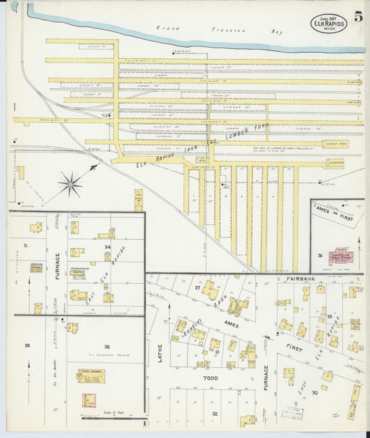 Sanborn Fire Insurance Map from Elk Rapids, Antrim County, Michigan (1907), Sheet #0005 - Historic Sanborn Fire Insurance Map Print, vintage old map wall art, antique decor, genealogy gift, Michigan Michigan map
