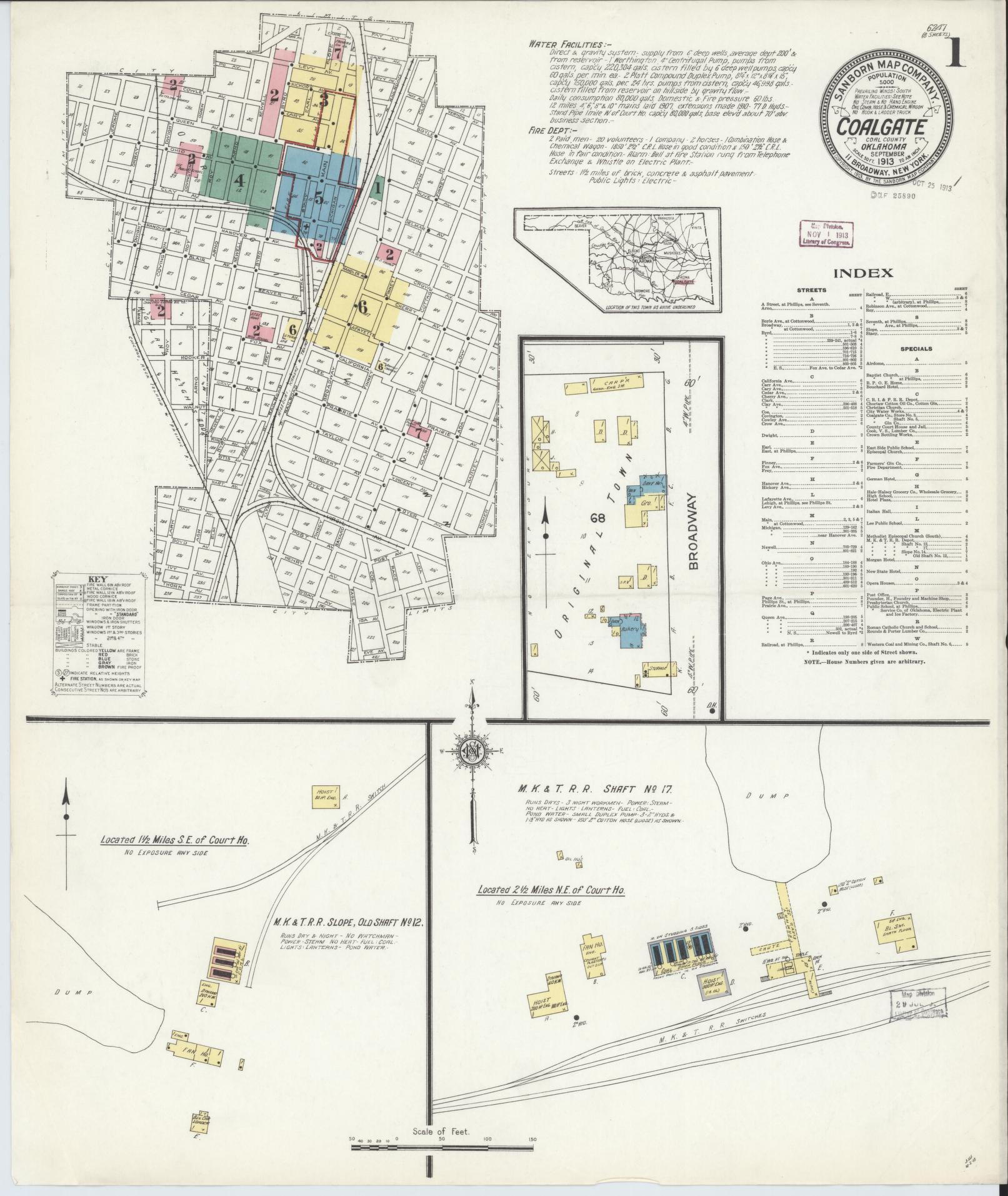 Sanborn Fire Insurance Map from Coalgate, Coal County, Oklahoma (1913), Sheet #0001 - Historic Sanborn Fire Insurance Map Print, vintage old map wall art, antique decor, genealogy gift, Oklahoma Oklahoma map