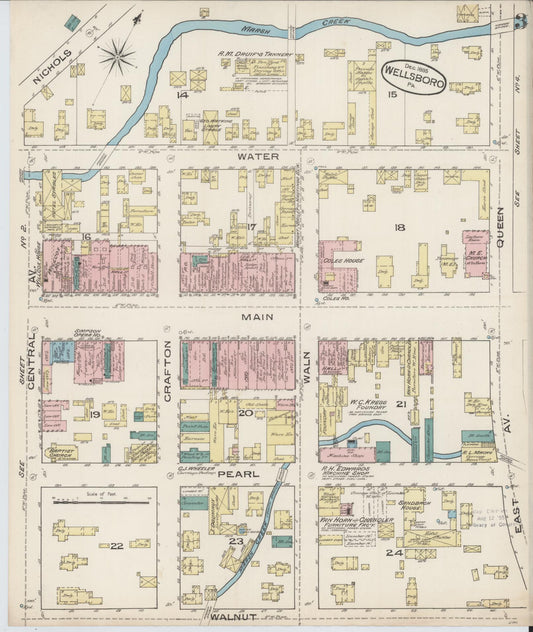 Sanborn Fire Insurance Map from Wellsboro, Tioga County, Pennsylvania (1885), Sheet #0003 - Historic Sanborn Fire Insurance Map Print, vintage old map wall art, antique decor, genealogy gift, Pennsylvania Pennsylvania map