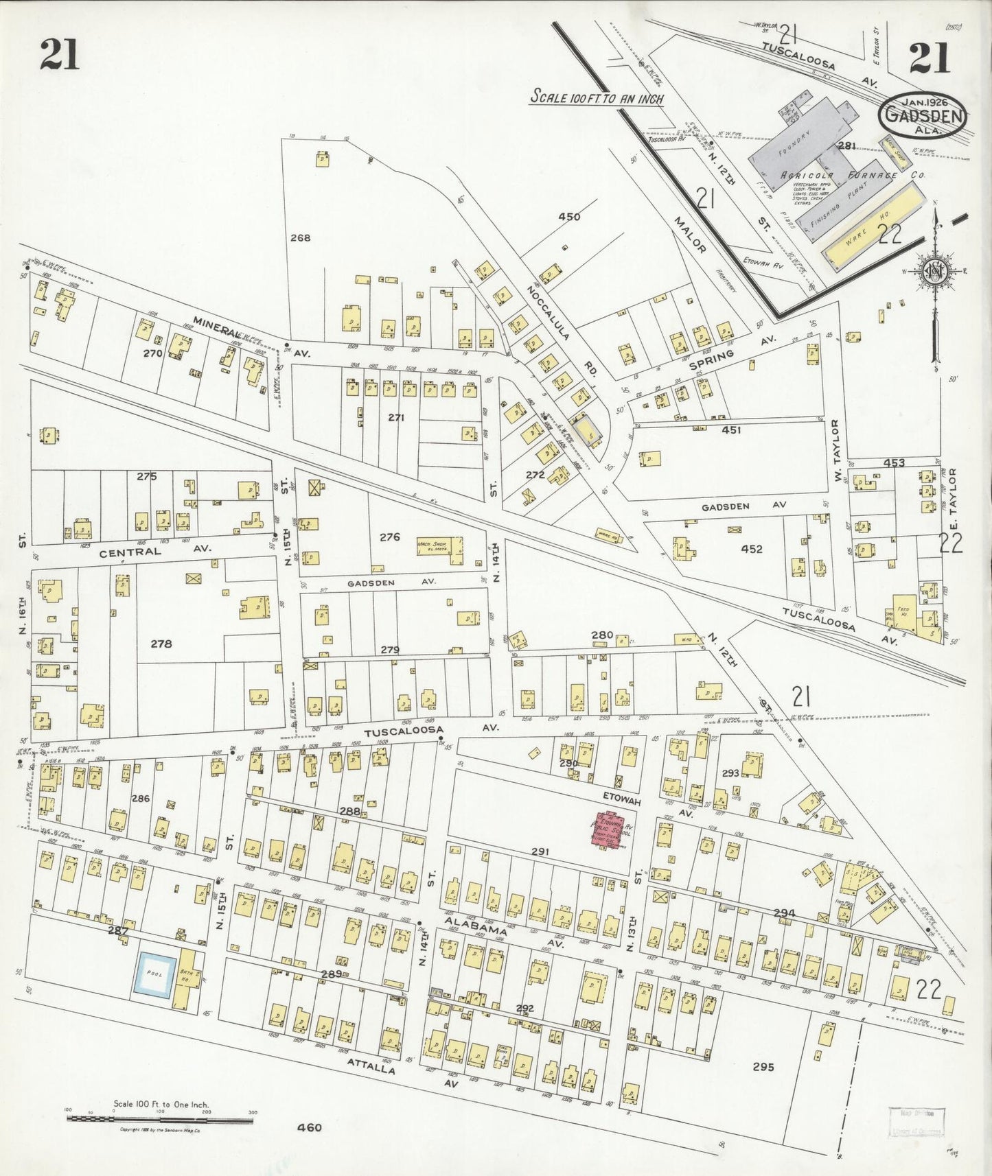 Sanborn Fire Insurance Map from Gadsden, Etowah County, Alabama (1926), Sheet #0021 - Complete Map Set gallery image, historic Sanborn map, vintage wall art, Alabama Alabama