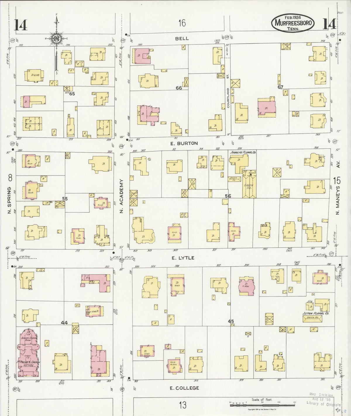 Sanborn Fire Insurance Map from Murfreesboro, Rutherford County, Tennessee (1924), Sheet #0014 - Complete Map Set gallery image, historic Sanborn map, vintage wall art, Tennessee Tennessee