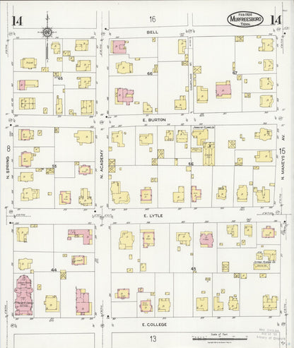 Sanborn Fire Insurance Map from Murfreesboro, Rutherford County, Tennessee (1924), Sheet #0014 - Complete Map Set gallery image, historic Sanborn map, vintage wall art, Tennessee Tennessee