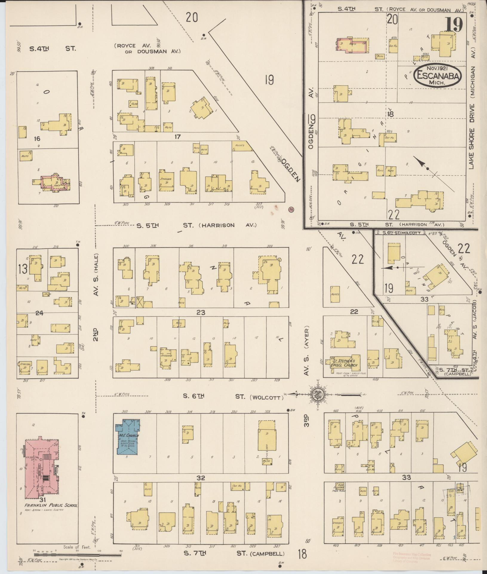 Sanborn Fire Insurance Map from Escanaba, Delta County, Michigan (1921), Sheet #0019 - Historic Sanborn Fire Insurance Map Print, vintage old map wall art, antique decor, genealogy gift, Michigan Michigan map