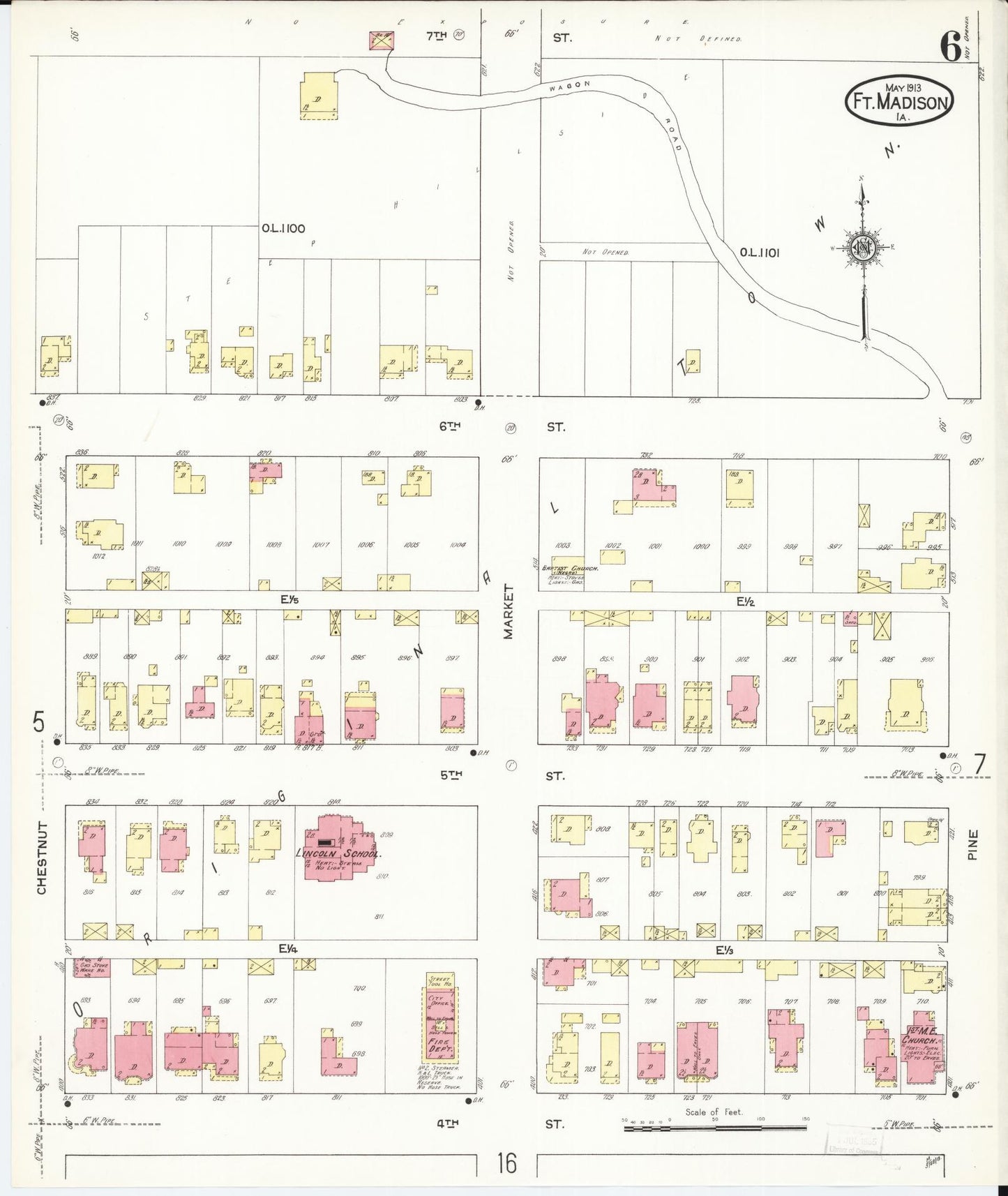 Sanborn Fire Insurance Map from Fort Madison, Lee County, Iowa (1913), Sheet #0006 - Historic Sanborn Fire Insurance Map Print, vintage old map wall art