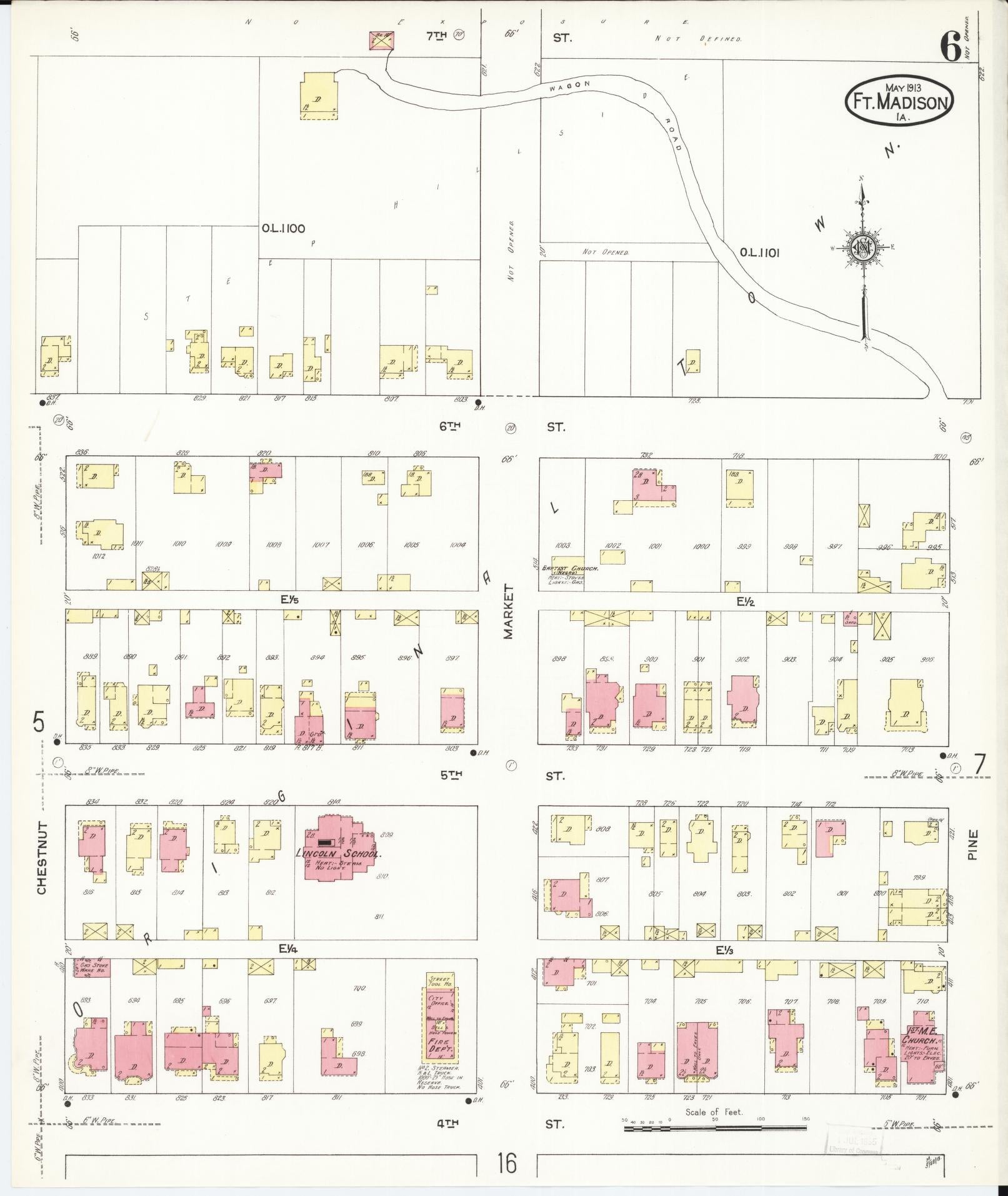 Sanborn Fire Insurance Map from Fort Madison, Lee County, Iowa (1913), Sheet #0006 - Historic Sanborn Fire Insurance Map Print, vintage old map wall art