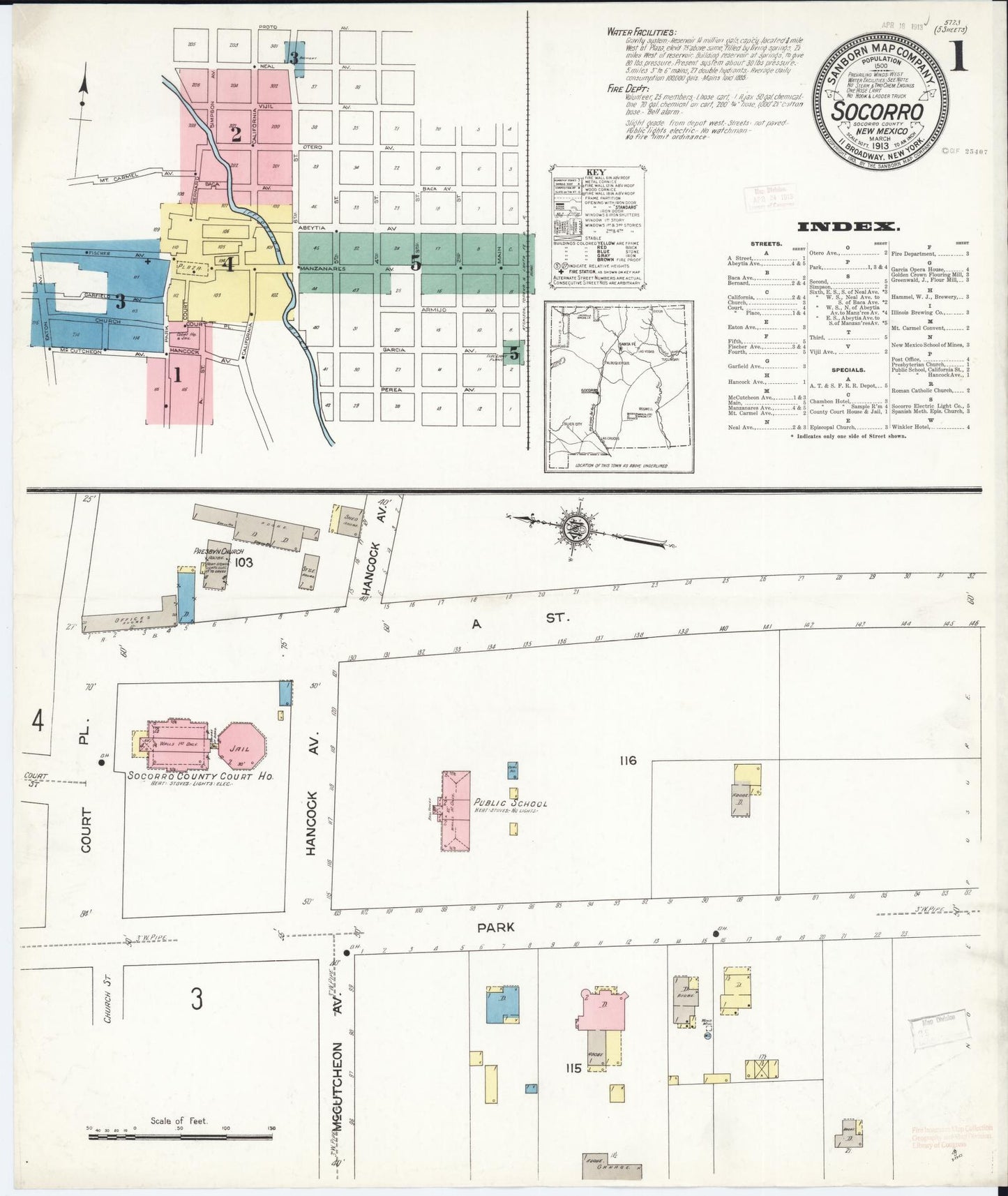 Sanborn Fire Insurance Map from Socorro, Socorro County, New Mexico (1913), Sheet #0001 - Historic Sanborn Fire Insurance Map Print, vintage old map wall art, antique decor, genealogy gift, New Mexico New Mexico map